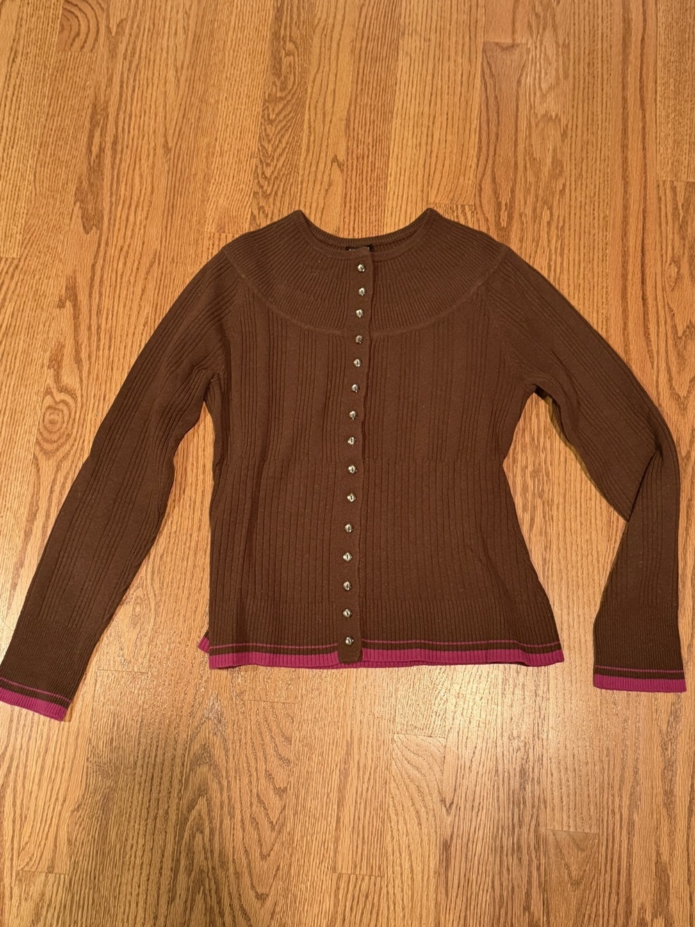 Searle Brown Knit Button-Up Cardigan with Pink Trim